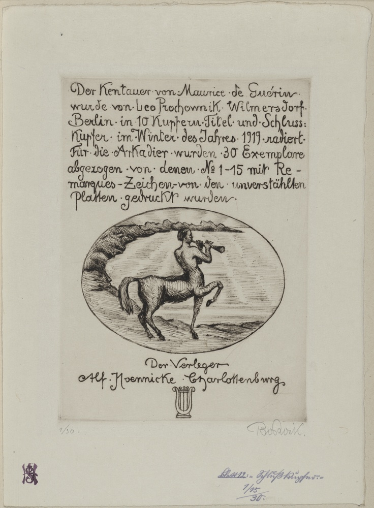 Blatt 12 (Impressum), aus "Der Kentauer" von Maurice de Guérin, Mappe mit 12 Radierungen (Kulturstiftung Sachsen-Anhalt CC BY-NC-SA)