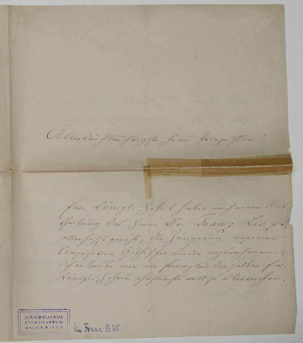 Brief von Robert Franz an Prinzessin Augusta von Sachsen-Weimar (?) (Stiftung Händel-Haus Halle CC BY-NC-SA)