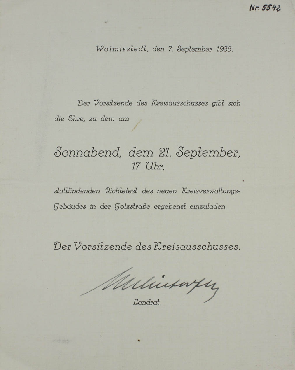 Einladung zum Richtfest des Kreisverwaltungsgebäudes (Museum Wolmirstedt RR-F)
