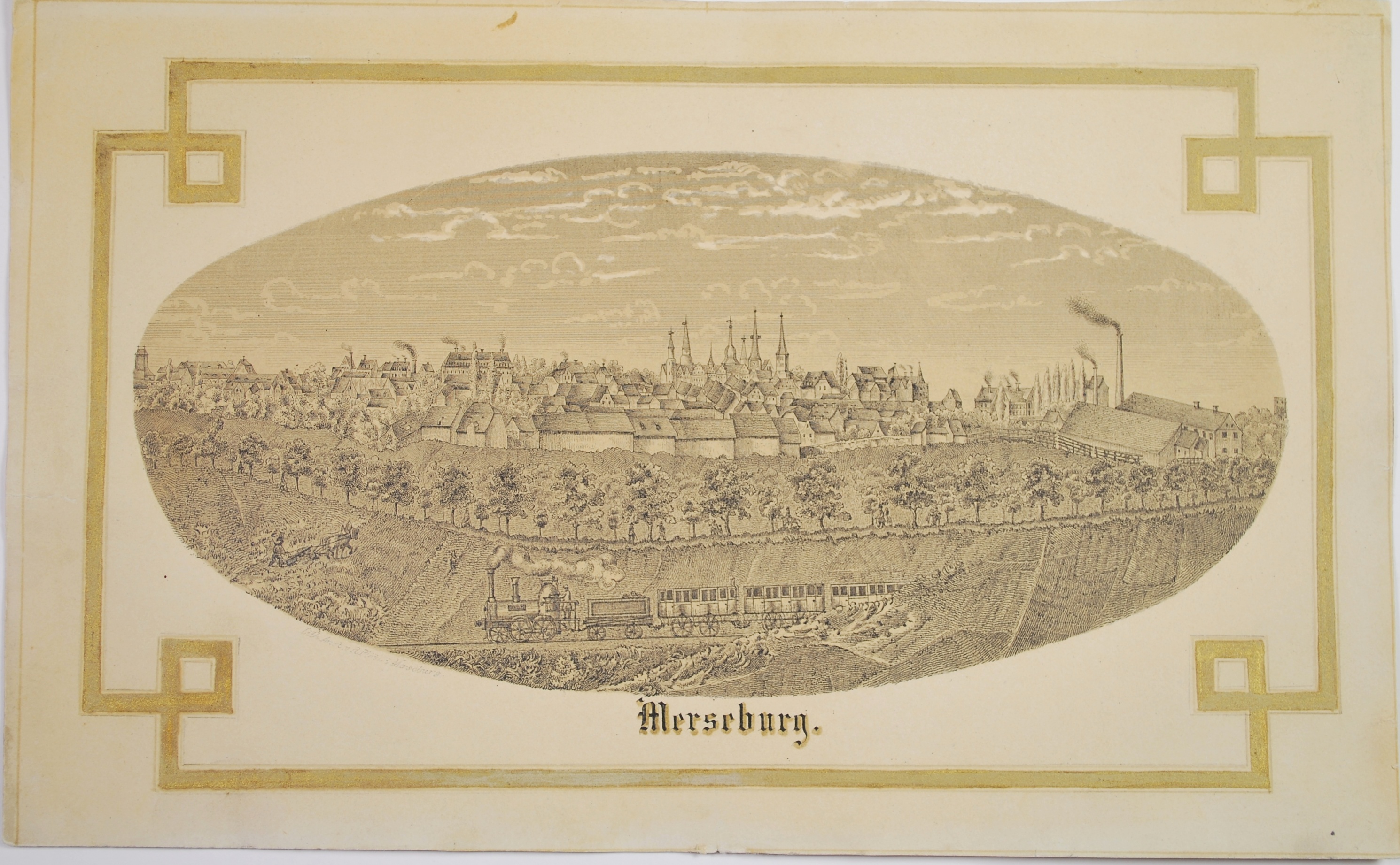 Lithographie - Merseburg, Gesamtansicht von Nordwesten mit Thüringischer Eisenbahn (Kulturhistorisches Museum Schloss Merseburg CC BY-NC-SA)