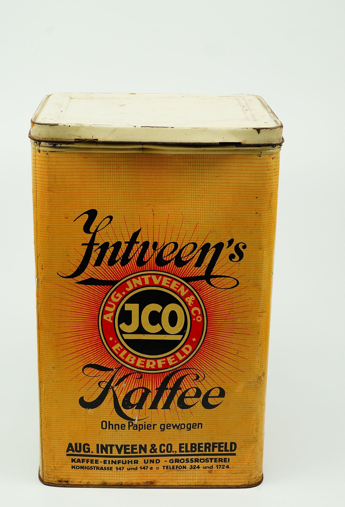 Kaffeebehälter, Blechdose, Intveen-Kaffee, 1. Jälfte 19. Jh. (Museum Weißenfels - Schloss Neu-Augustusburg CC BY-NC-SA)