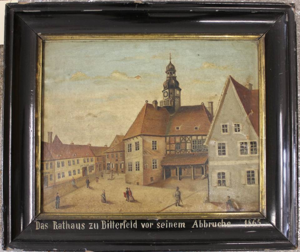 Ölgemälde - "Das Rathaus zu Bitterfeld vor seinem Abbruch 1865" (Kreismuseum Bitterfeld CC BY-NC-SA)
