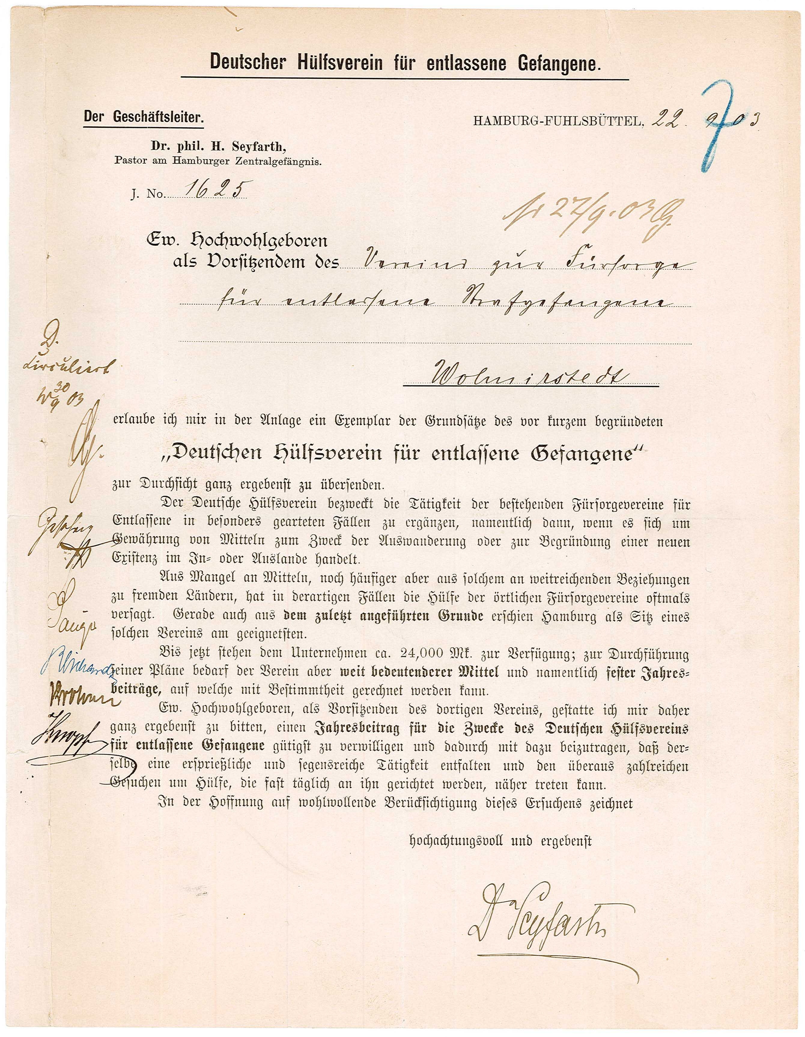 Anschreiben des Deutschen Hülfsvereins für entlassene Gefangene (Museum Wolmirstedt RR-F)
