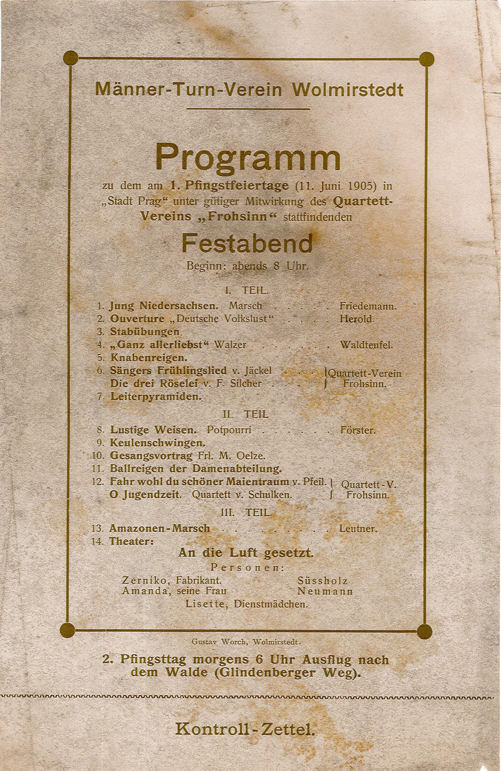 Programm des Männer-Turn-Vereins Wolmirstedt zu Pfingsten (Museum Wolmirstedt RR-F)