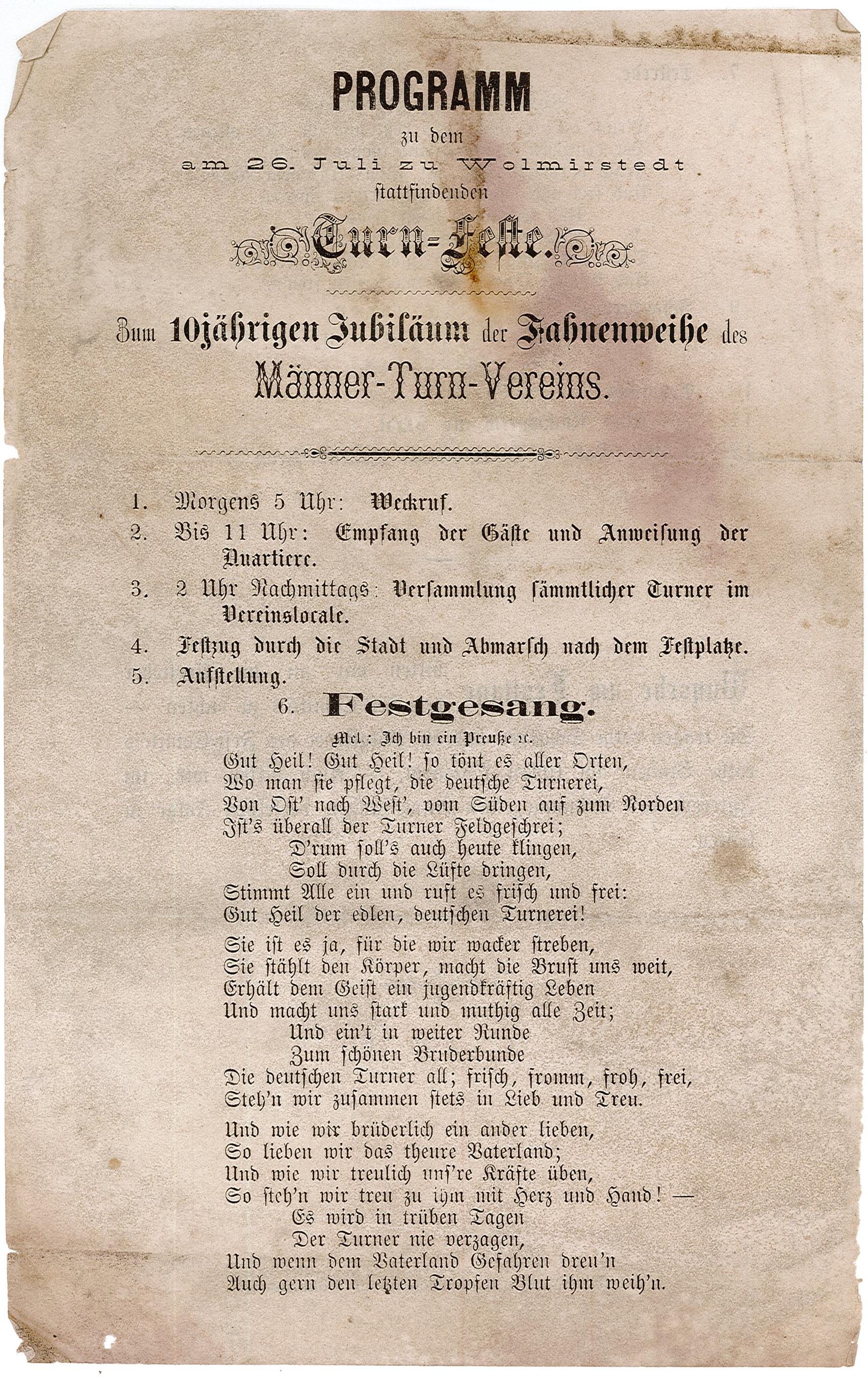 Programm des Männer-Turn-Vereins Wolmirstedt zum Jubiläum der Fahnenweihe (Museum Wolmirstedt RR-F)