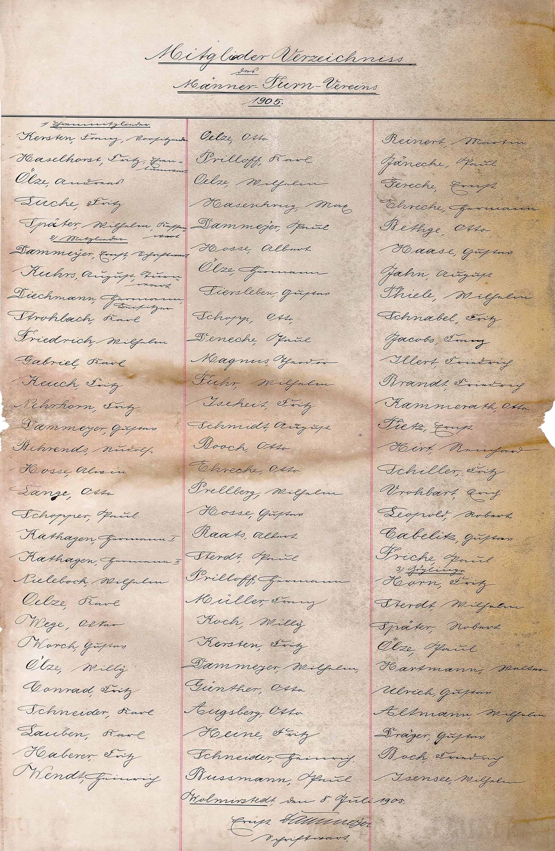 Mitglieder-Verzeichnis des Männer-Turn-Vereins 1905 (Museum Wolmirstedt RR-F)