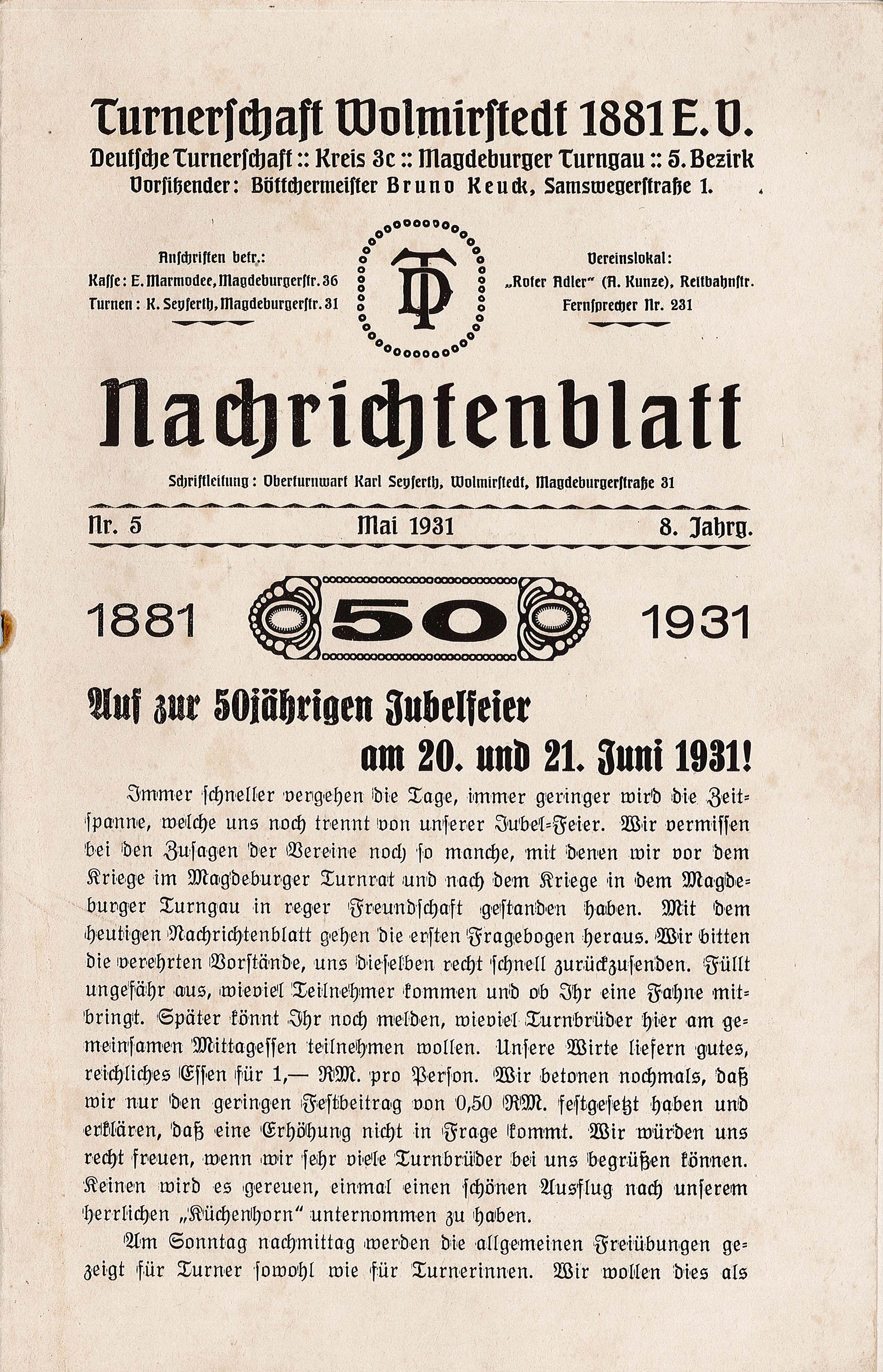 Nachrichtenblatt Turnerschaft 1881 e. V. (Museum Wolmirstedt RR-F)