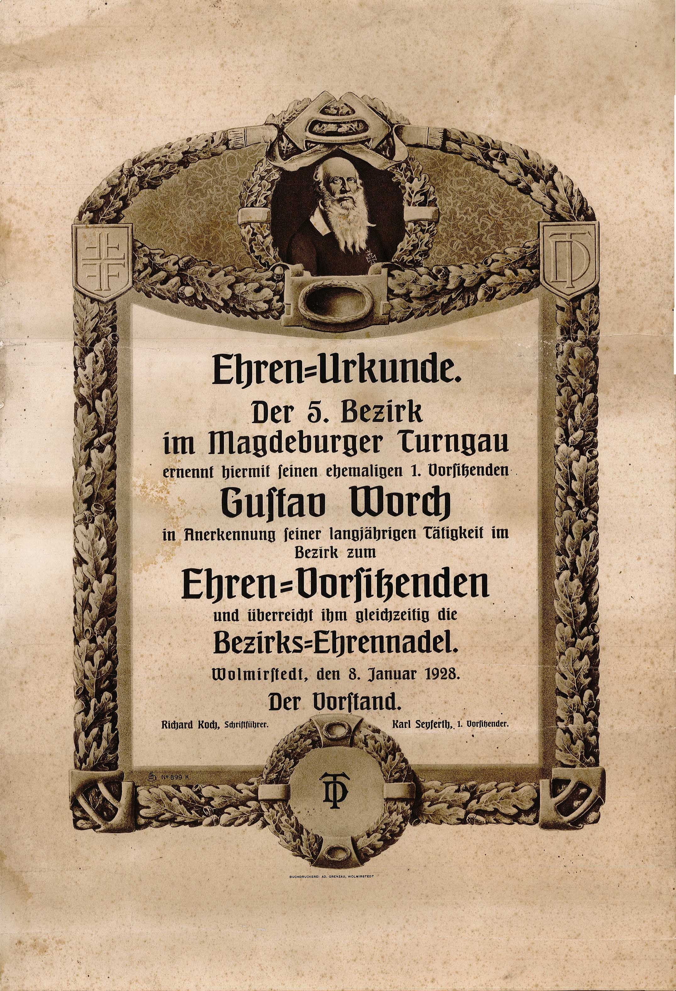 Urkunde der Turnerschaft 1881 e.V. für Gustav Worch (Museum Wolmirstedt RR-F)