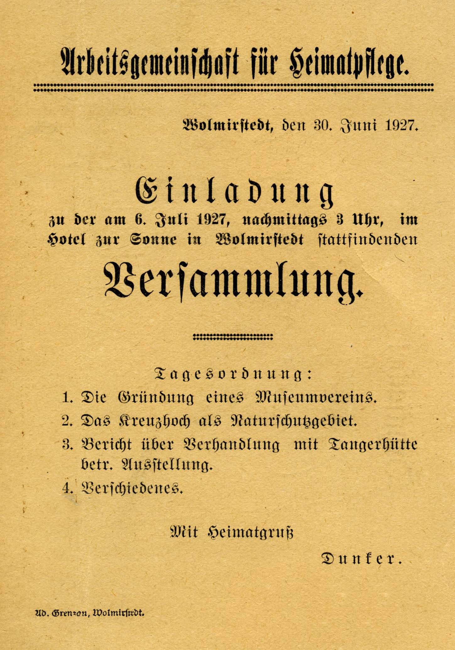 Einladung zur Versammlung der Arbeitsgemeinschaft für Heimatpflege, 30. Juni 1927 (Museum Wolmirstedt RR-F)
