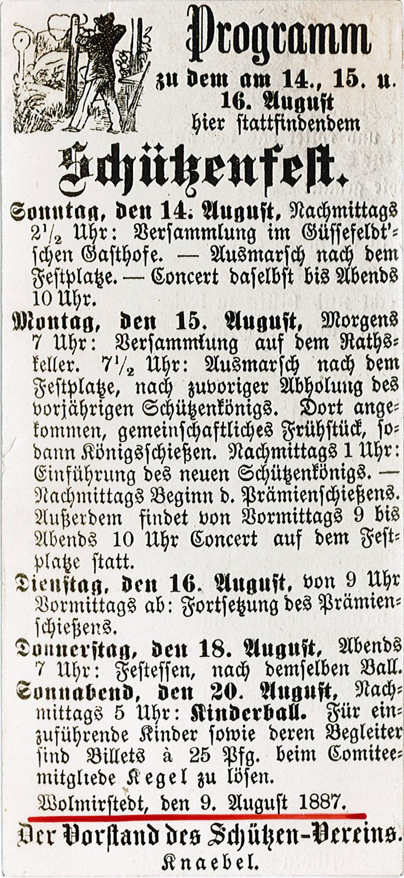 Programm zum Schützenfest am 14. bis 16. August 1887 (Reproduktion) (Museum Wolmirstedt RR-F)