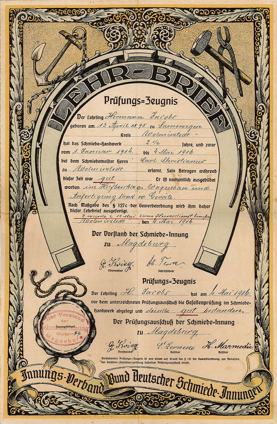 Prüfungszeugnis Hermann Jacobs, 1916 (Museum Wolmirstedt RR-F)