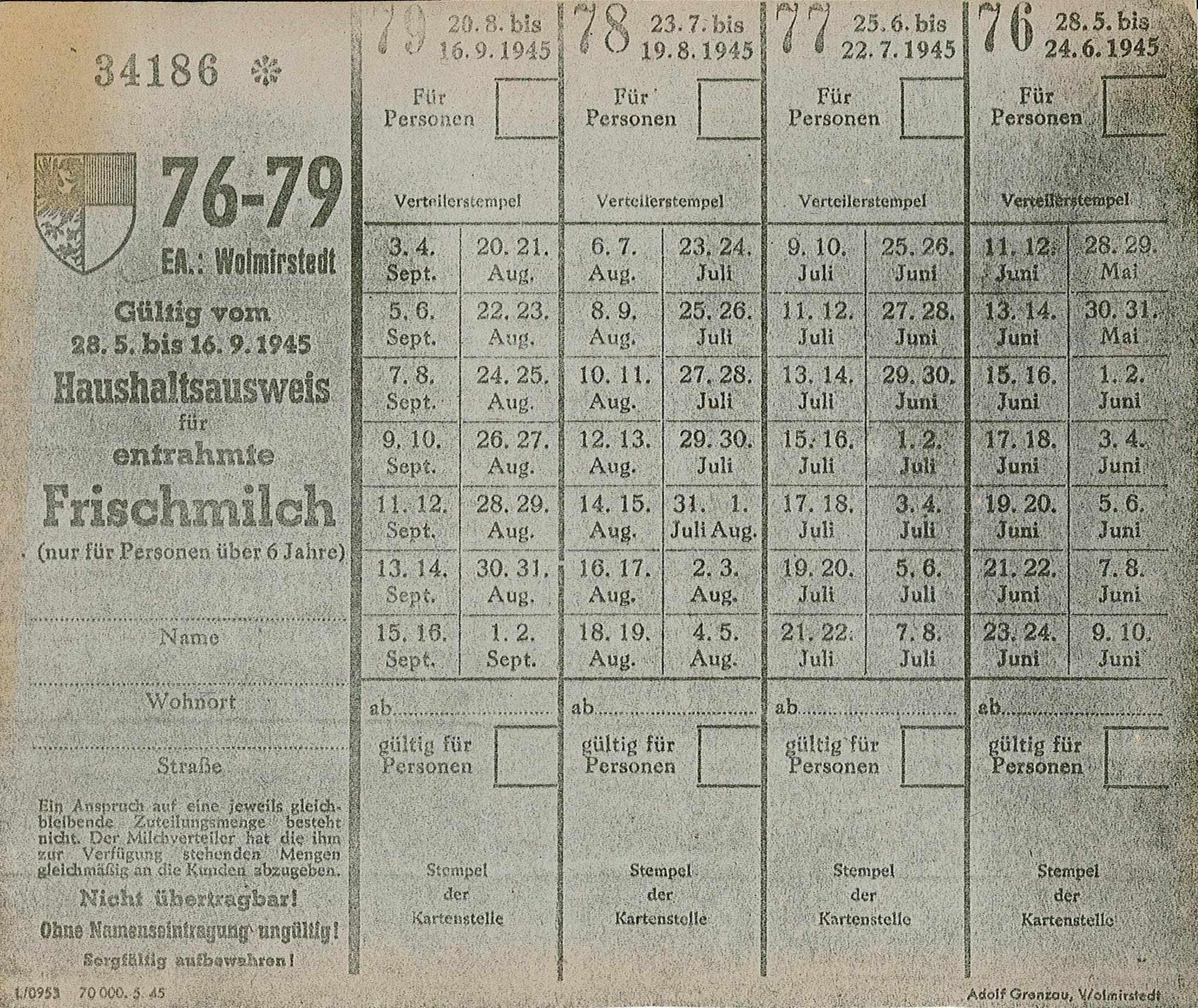 Lebensmittelkarte: Haushaltsausweis für entrahmte Frischmilch (Museum Wolmirstedt RR-F)