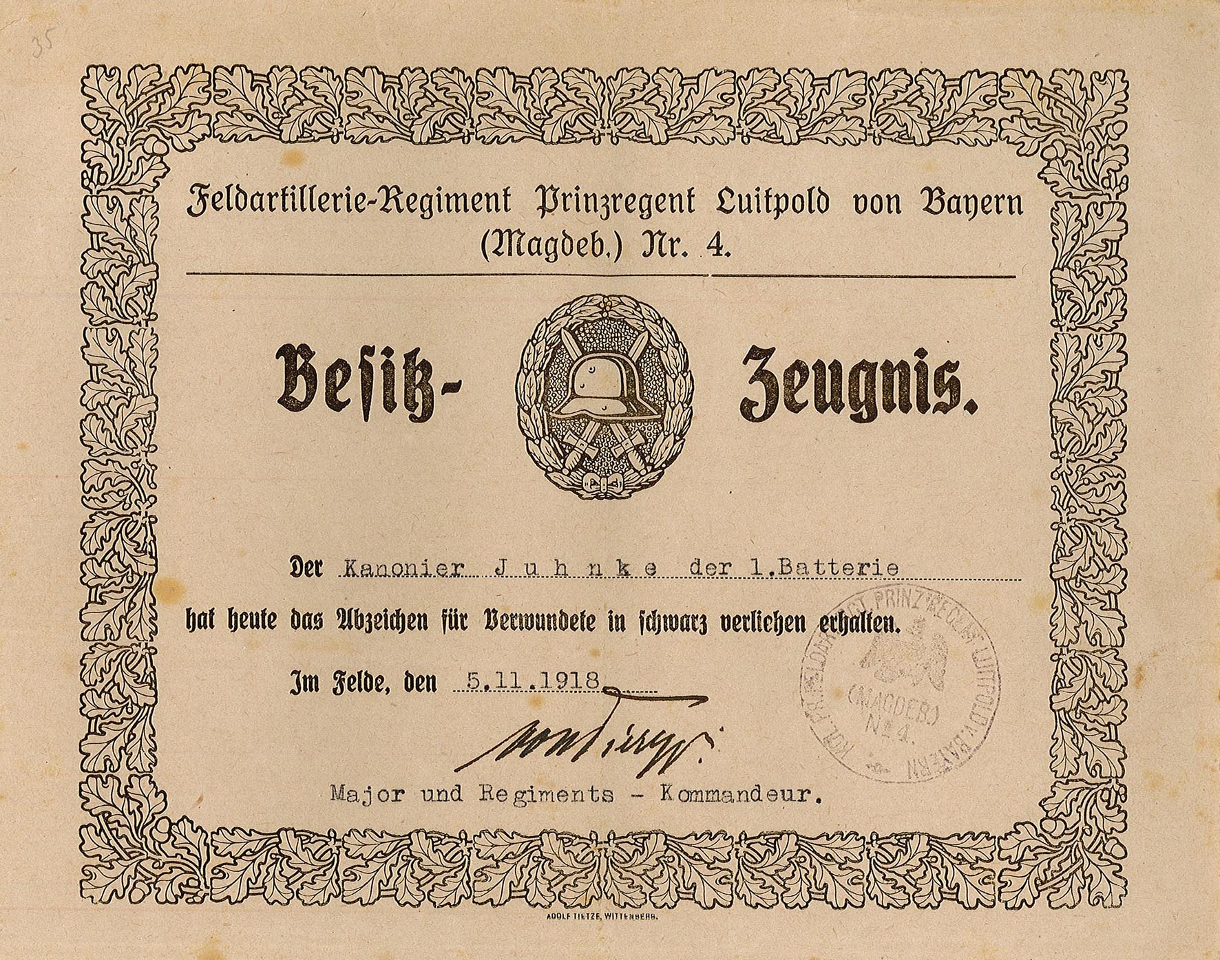 Besitzzeugnis für das Abzeichen für Verwundete in Schwarz von Johann Juhnke, 1918 (Museum Wolmirstedt RR-F)