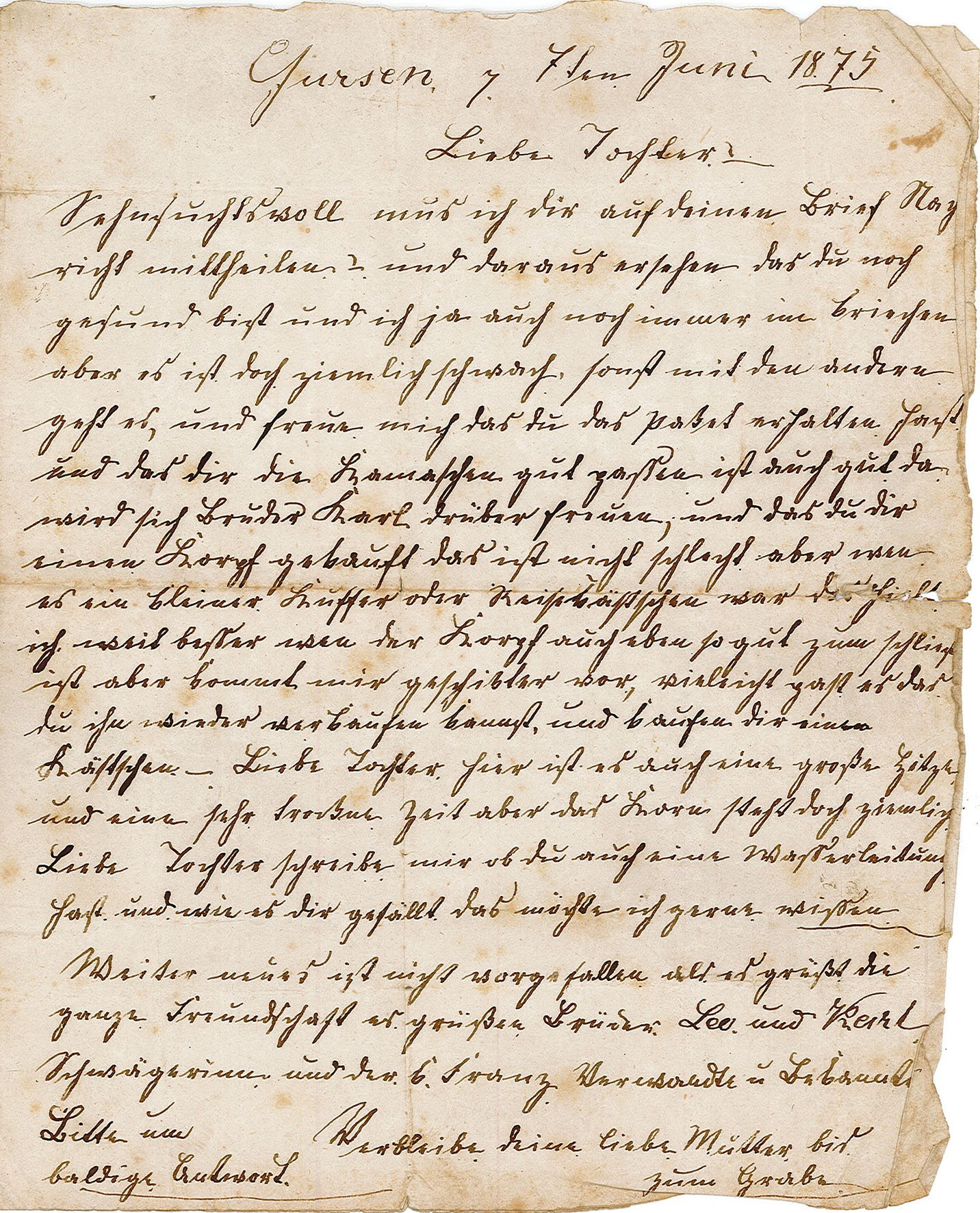 Brief von Frau Juhnke an ihre Tochter Johanna Juhnke, 7. Juni 1875 (Museum Wolmirstedt RR-F)