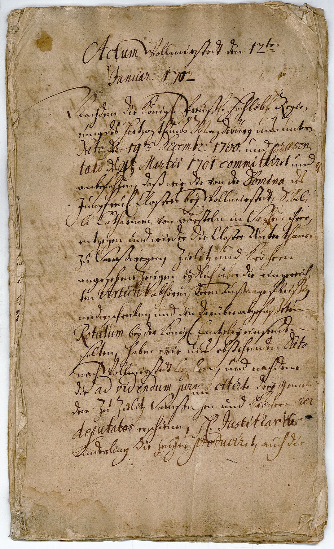 Akte betreffend Wolmirstedt vom 12. Januar 1702 (Museum Wolmirstedt RR-F)