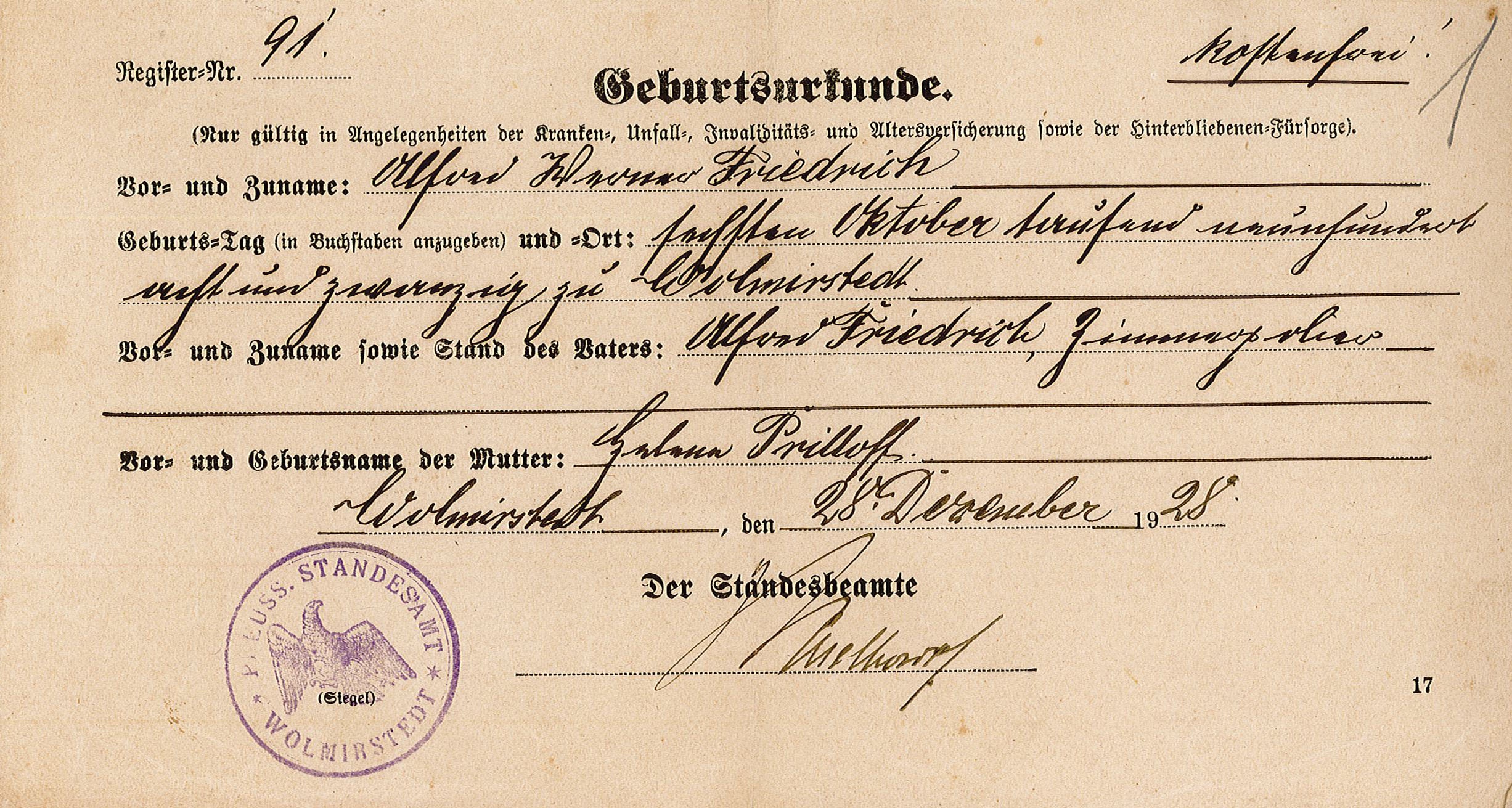 Geburtsurkunde von Alfred Werner Friedrich (Museum Wolmirstedt RR-F)