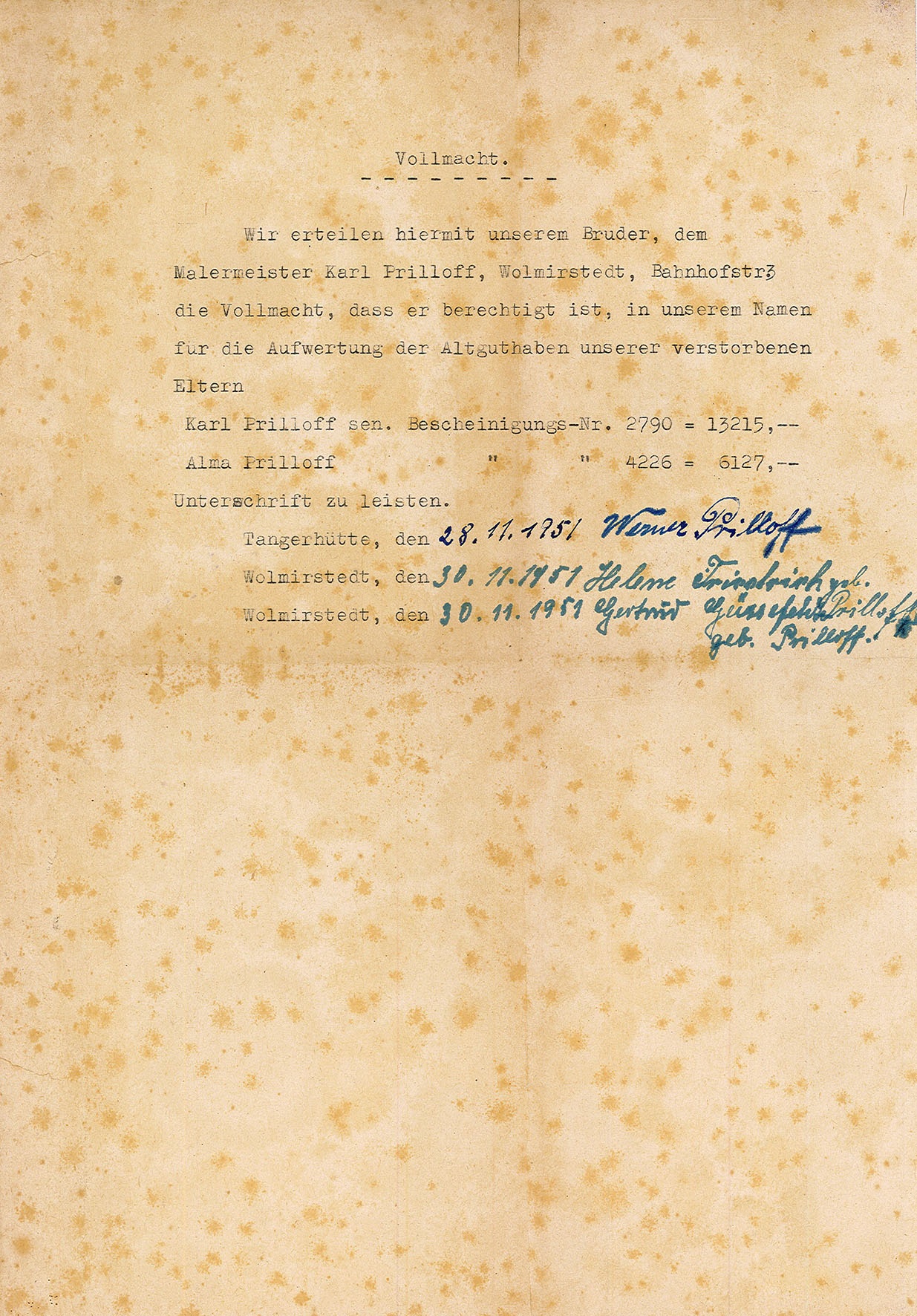 Vollmacht für Karl Prilloff zur Aufwertung von Altguthaben (November 1951) (Museum Wolmirstedt RR-F)