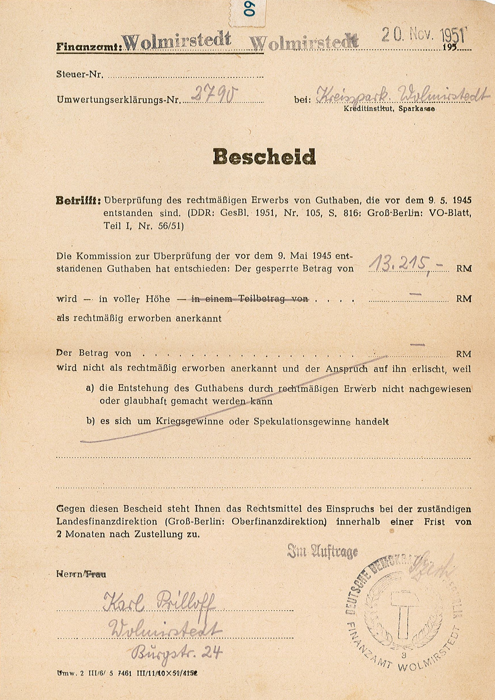 Bescheid des Finanzamtes für Karl Prilloff, 20.11.1951 (Museum Wolmirstedt RR-F)