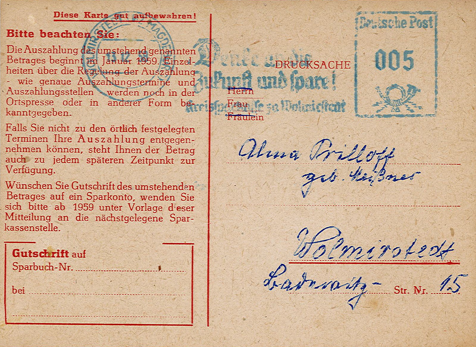 Postkarte "Betr.: Uraltguthaben-Auszahlung" an Alma Prilloff, 13.12.1958 (Museum Wolmirstedt RR-F)