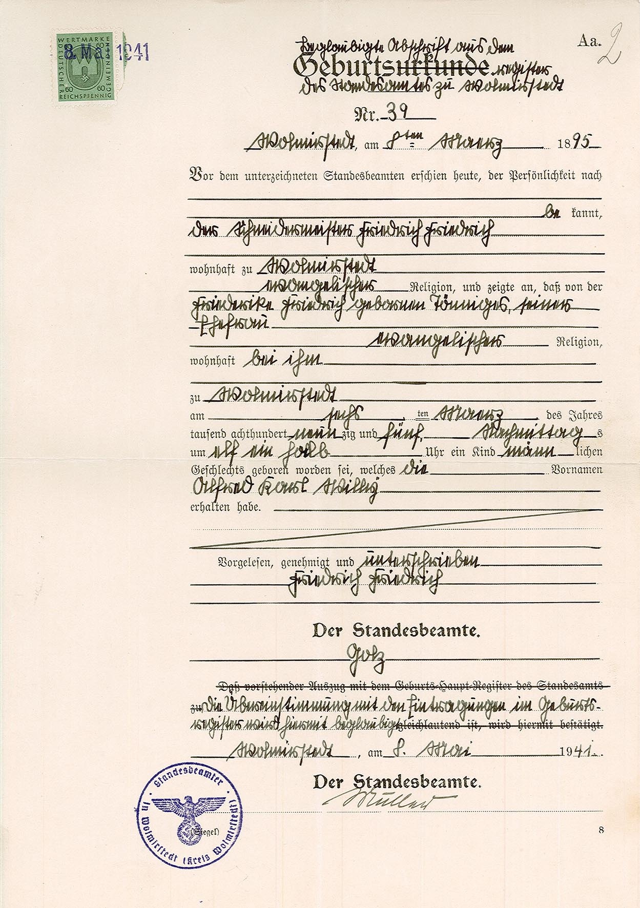 Beglaubigte Abschrift Geburtsurkunde für Alfred Karl Willy Friedrich, 8. Mai 1941 (Museum Wolmirstedt RR-F)