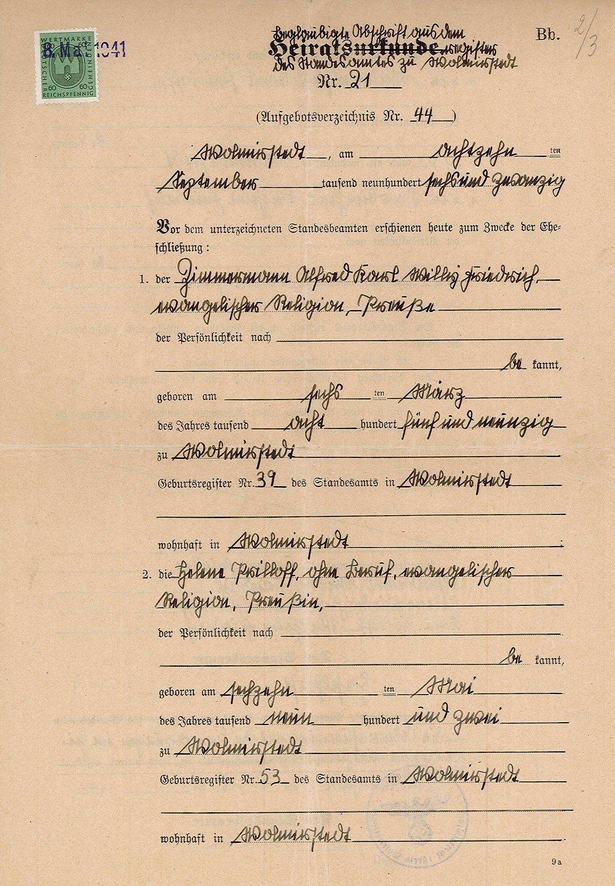 Beglaubigte Abschrift Heiratsurkunde für Alfred Karl Willy Friedrich und Helene Prilloff, 8. Mai 1941 (Museum Wolmirstedt RR-F)