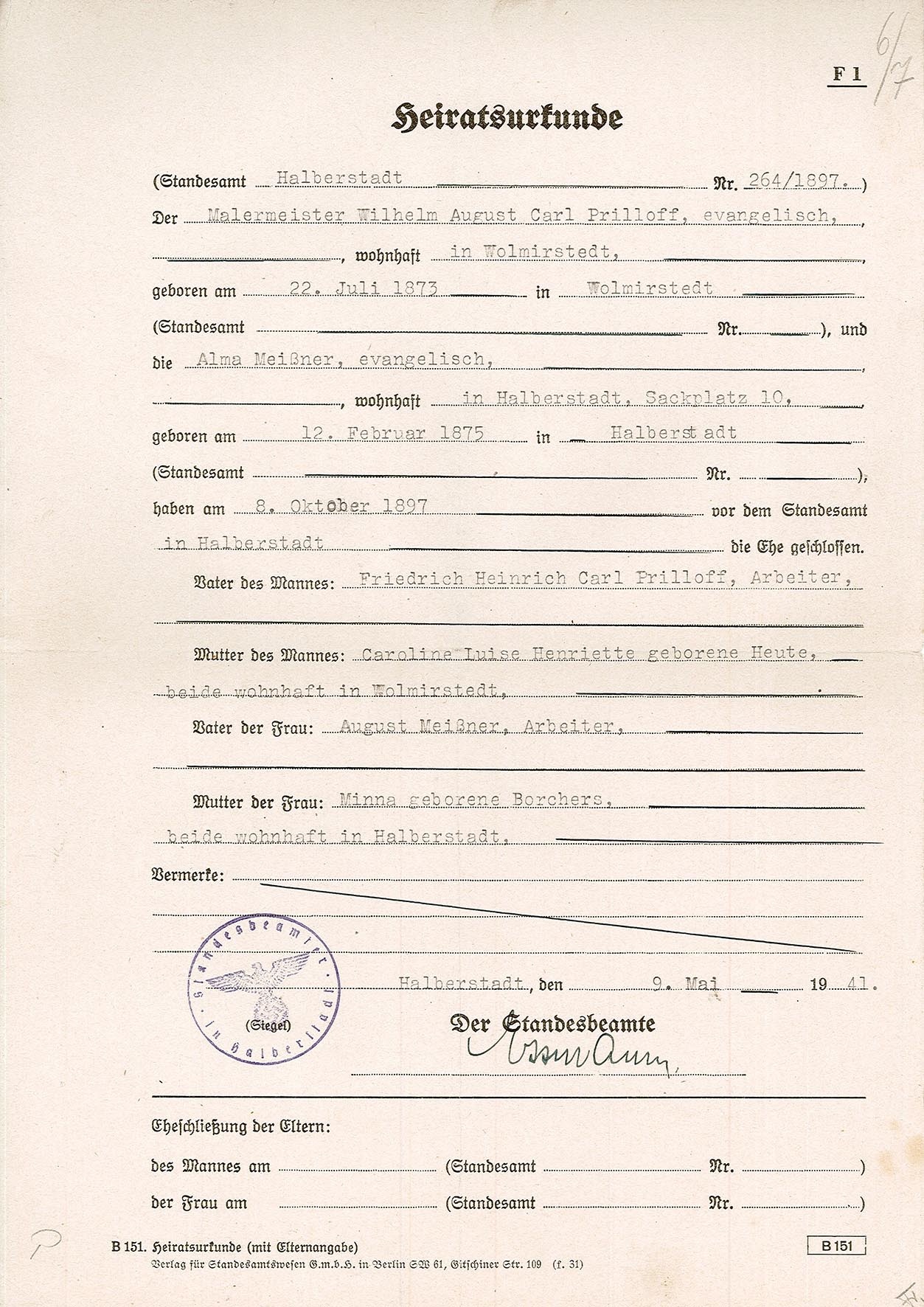 Heiratsurkunde für Wilhelm August Carl Prilloff und Alma Meißner, 8. Mai 1941 (Abschrift) (Museum Wolmirstedt RR-F)