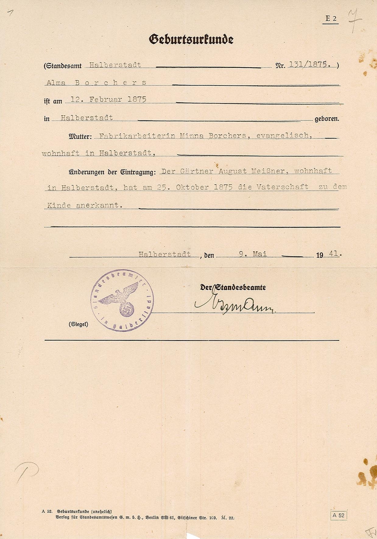 Geburtsurkunde für Alma Borchers , 9. Mai 1941 (Abschrift) (Museum Wolmirstedt RR-F)