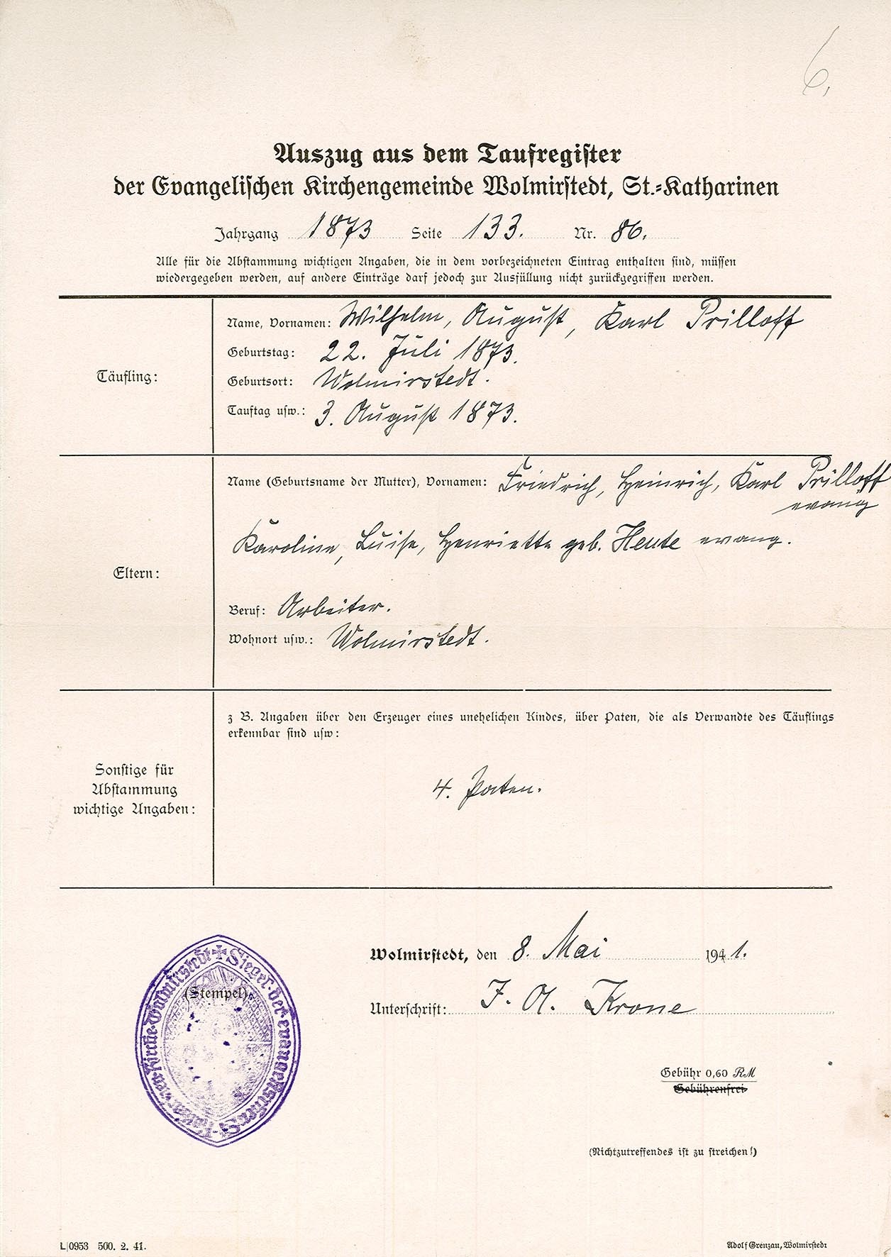 Auszug Taufregister für Wilhelm August Karl Prilloff , 8. Mai 1941 (Museum Wolmirstedt RR-F)