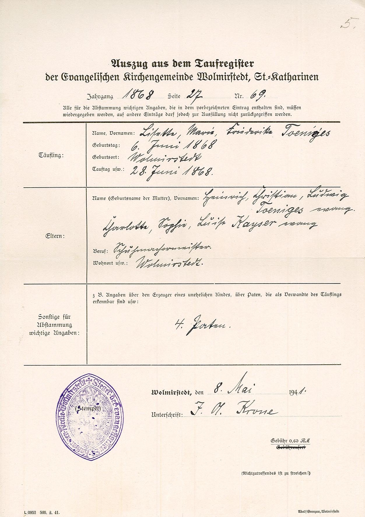Auszug Taufregister für Lisette Maria Friederike Tönniges, 8. Mai 1941 (Museum Wolmirstedt RR-F)