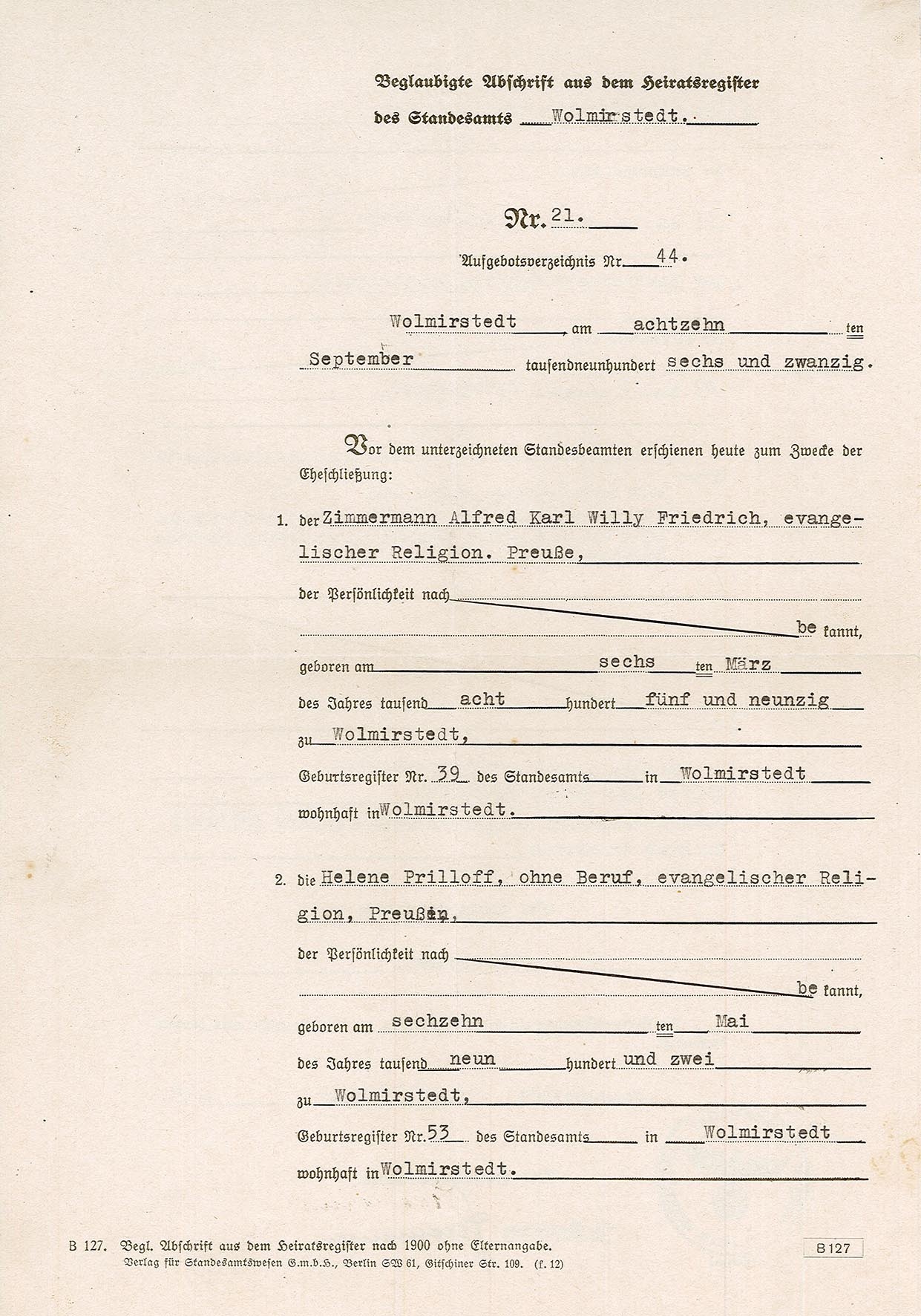 Beglaubigte Abschrift Heiratsregister für Alfred Karl Willy Friedrich und Helene Prilloff , 26. Januar 1943 (Museum Wolmirstedt RR-F)