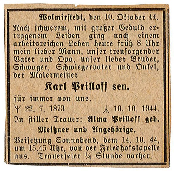 Todesanzeige für Karl Prilloff (Oktober 1944) (Museum Wolmirstedt RR-F)
