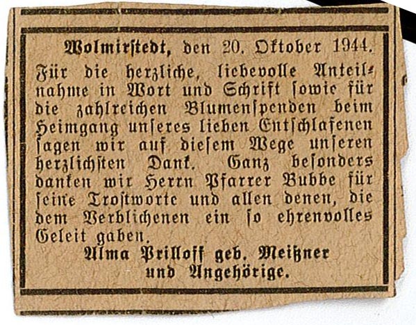 Anzeige Danksagung für Beileidsbekundungen zum Tod von Karl Prilloff senior (20.Oktober 1944) (Museum Wolmirstedt RR-F)