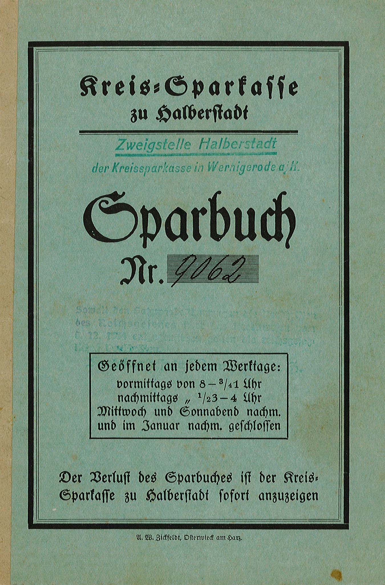 Sparbuch-Nr. 9062 von Alma Prilloff (Museum Wolmirstedt RR-F)