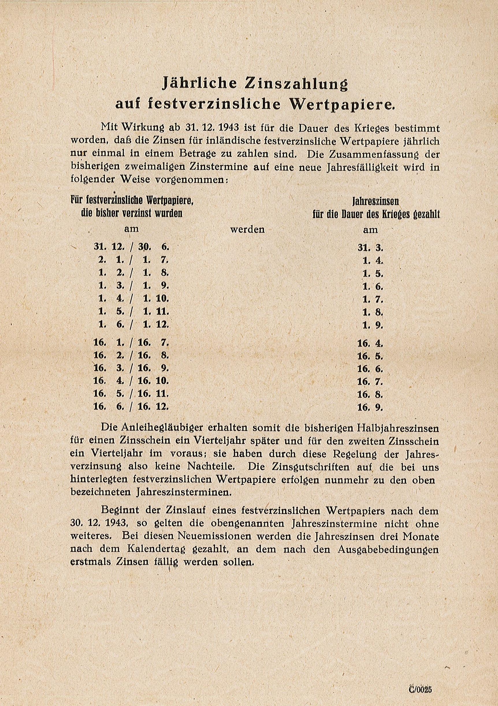 Informationsblatt "Jährliche Zinszahlung auf festverzinsliche Wertpapiere." (Museum Wolmirstedt RR-F)