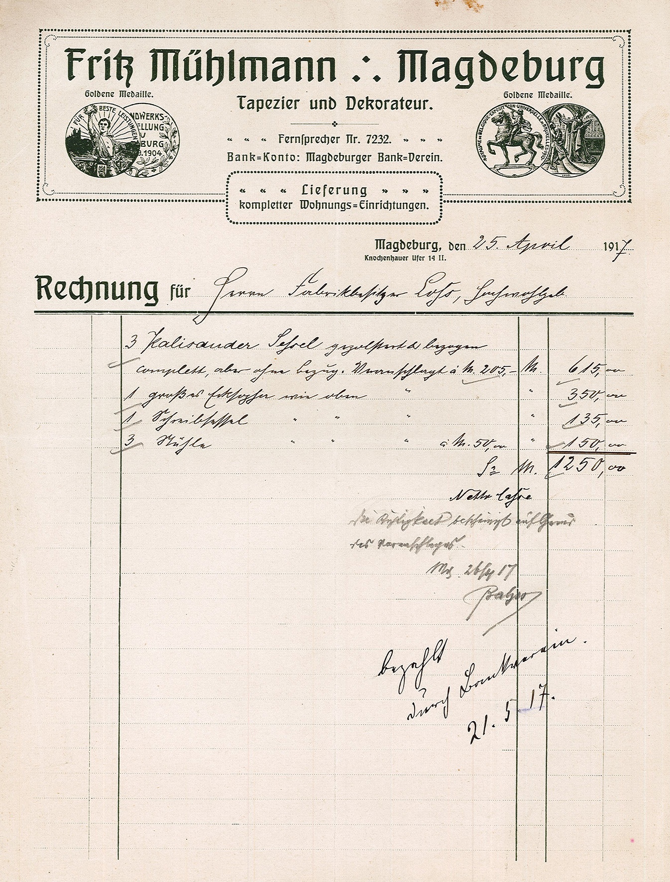 Rechnung von Tapezier und Dekorateur Fritz Mühlmann an Fabrikbesitzer Loss, 25. April 1917 (Museum Wolmirstedt RR-F)