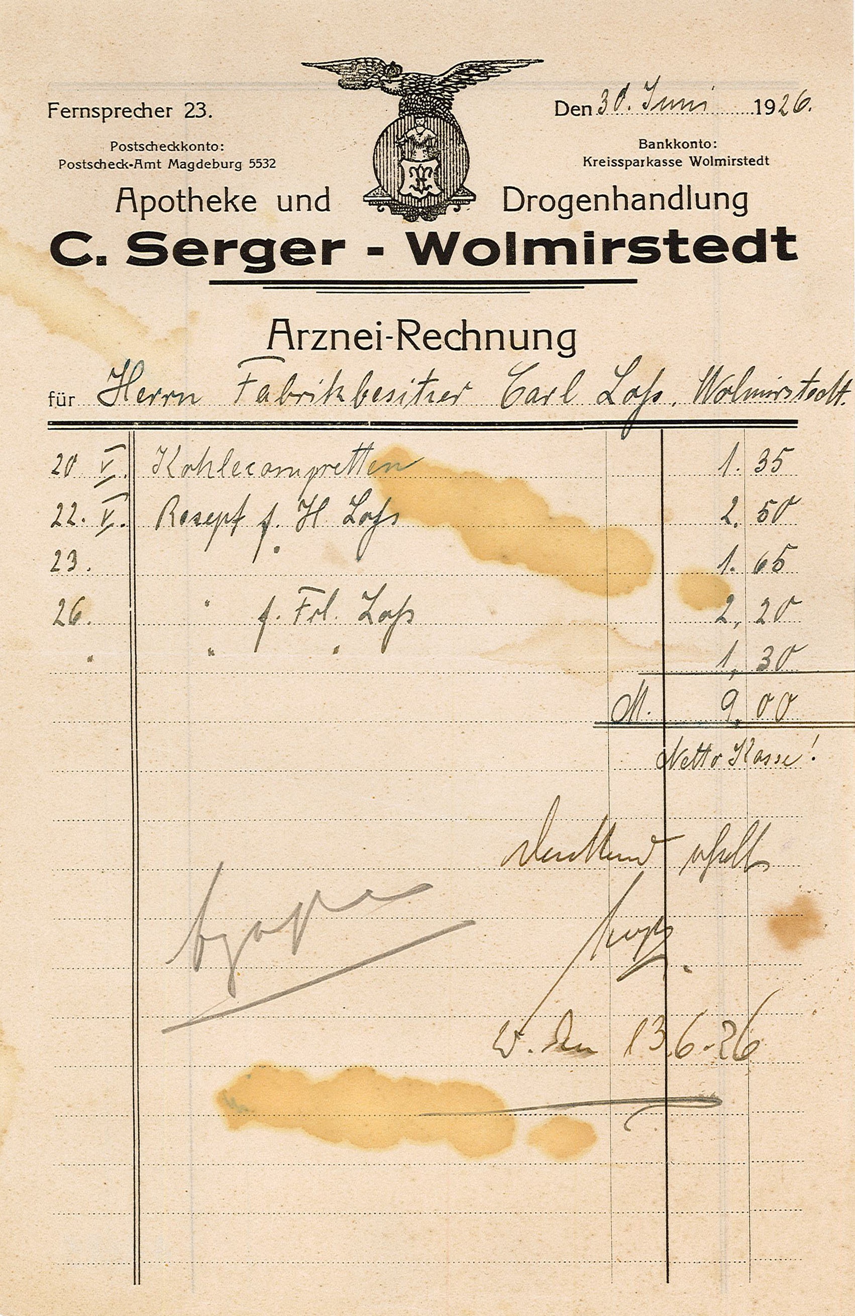 Rechnung von Apotheker C. Serger an Fabrikbesitzer Carl Loss, 30. Juni 1926 (Museum Wolmirstedt RR-F)