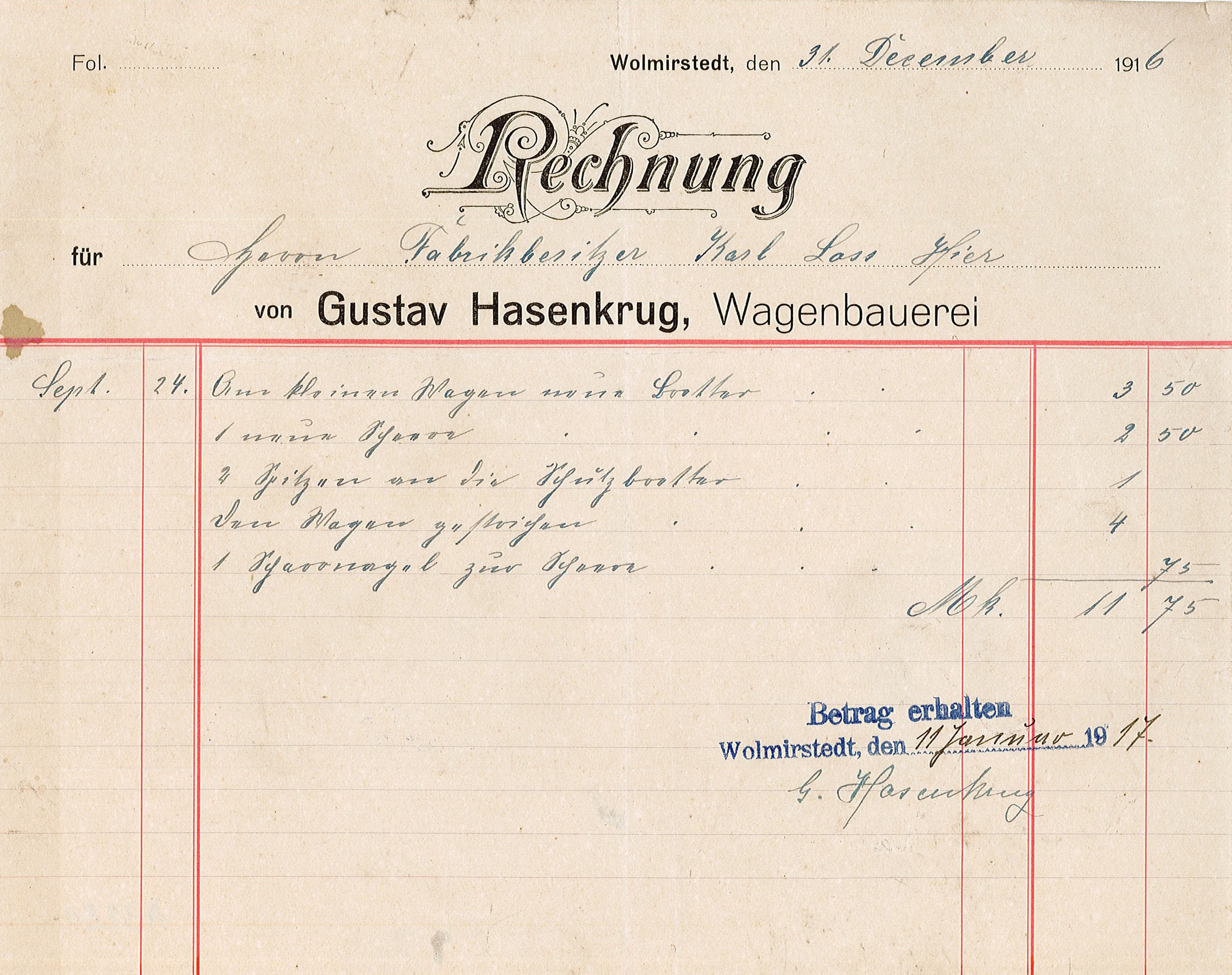 Rechnung von Wagenbauerei Gustav Hasenkrug an Karl Loss, 31. Dezember 1916 (Museum Wolmirstedt RR-F)