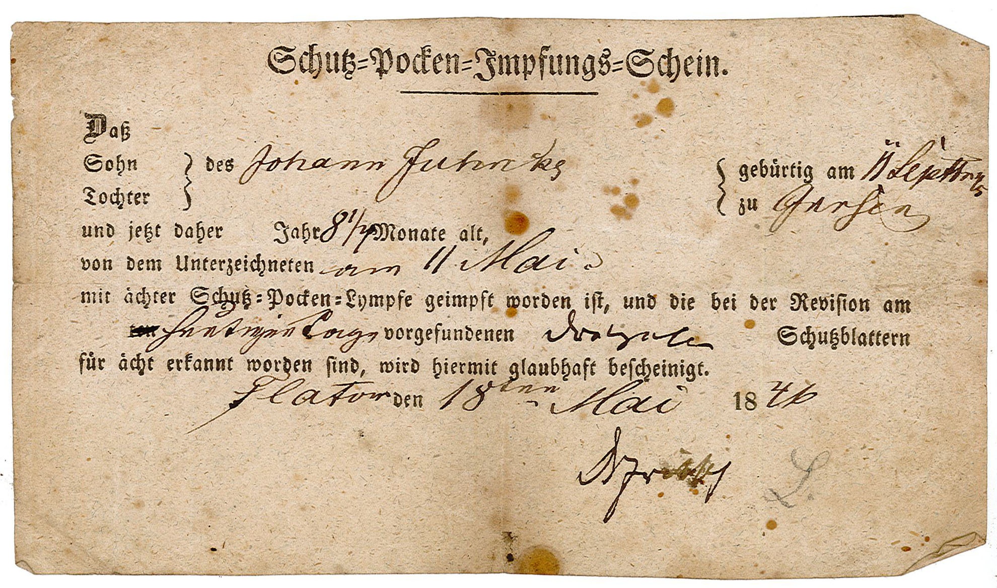Schutz-Pocken-Impfungs-Schein von Johann Juhnke, 1946 (Museum Wolmirstedt RR-F)