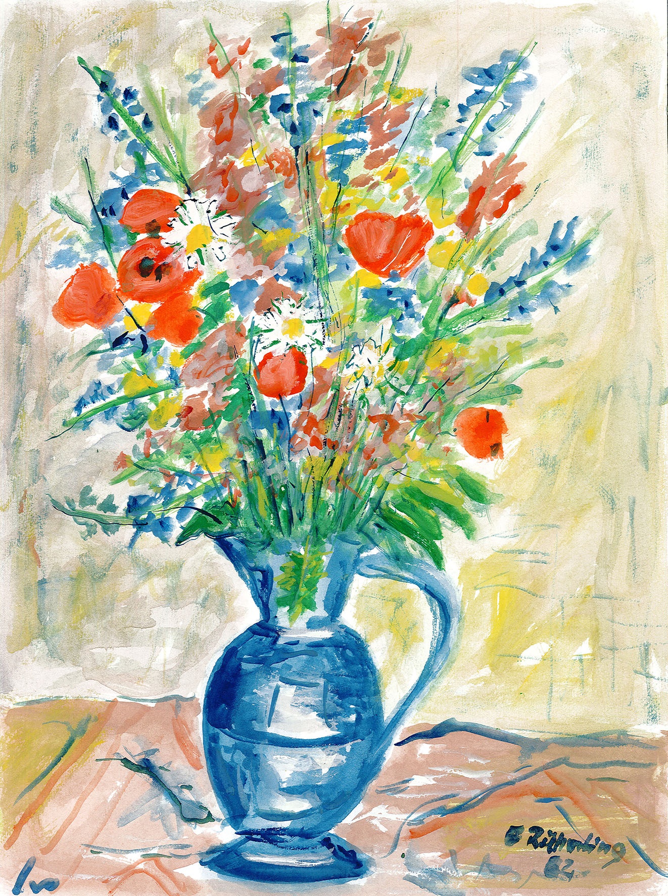 Stillleben mit buntem Blumenstrauß in blauer Vase (Museum Wolmirstedt RR-F)