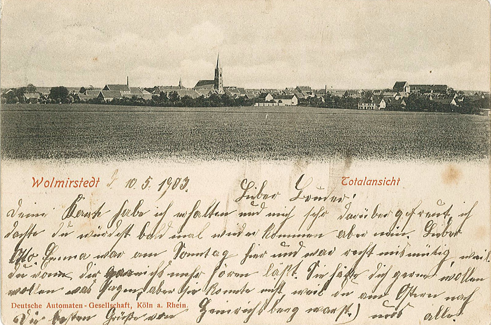 Postkarte mit Ansicht von Wolmirstedt an Otto Gruß, 12. Mai 1903 (Museum Wolmirstedt RR-F)