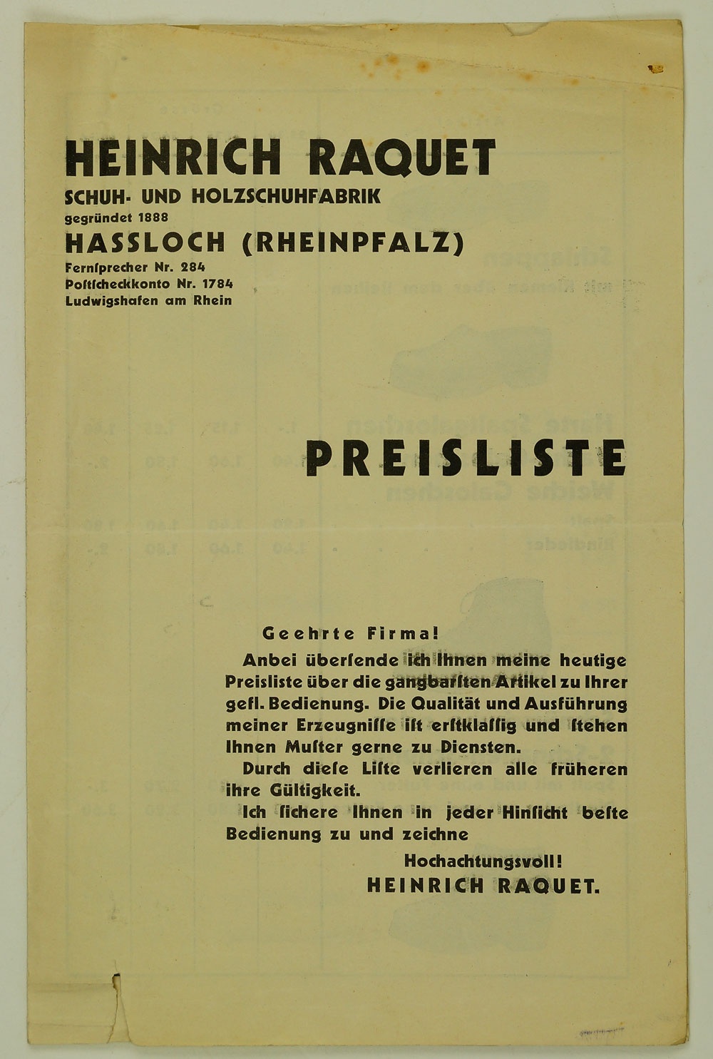 Preisliste der Schuh- und Holzschuhfabrik Heinrich Raquet, um 19120 (Museum Weißenfels - Schloss Neu-Augustusburg CC BY-NC-SA)