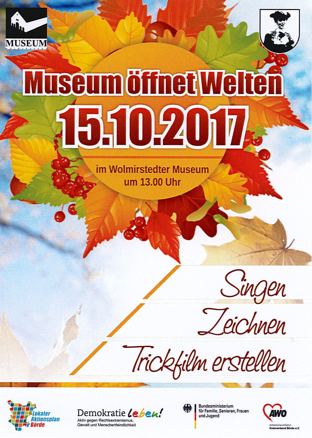 Flyer zur Veranstaltung "Museum öffnet Welten" am 15.10.2017 (Museum Wolmirstedt RR-F)