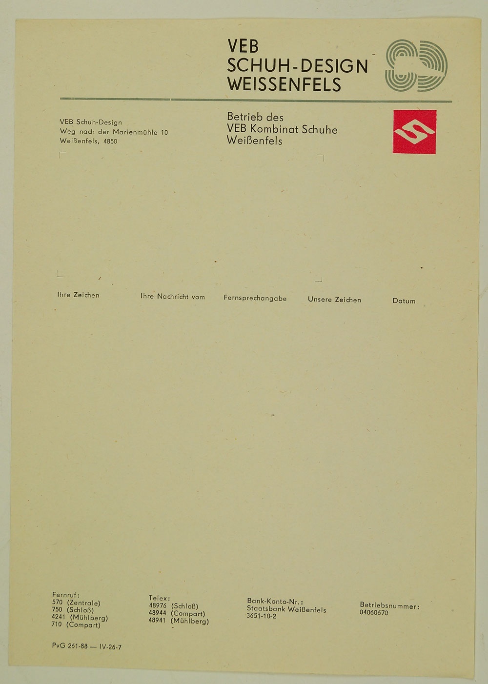 Briefpapier mit Kopfbogen VEB Schuh-Design Weißenfels, 1988 (Museum Weißenfels - Schloss Neu-Augustusburg CC BY-NC-SA)