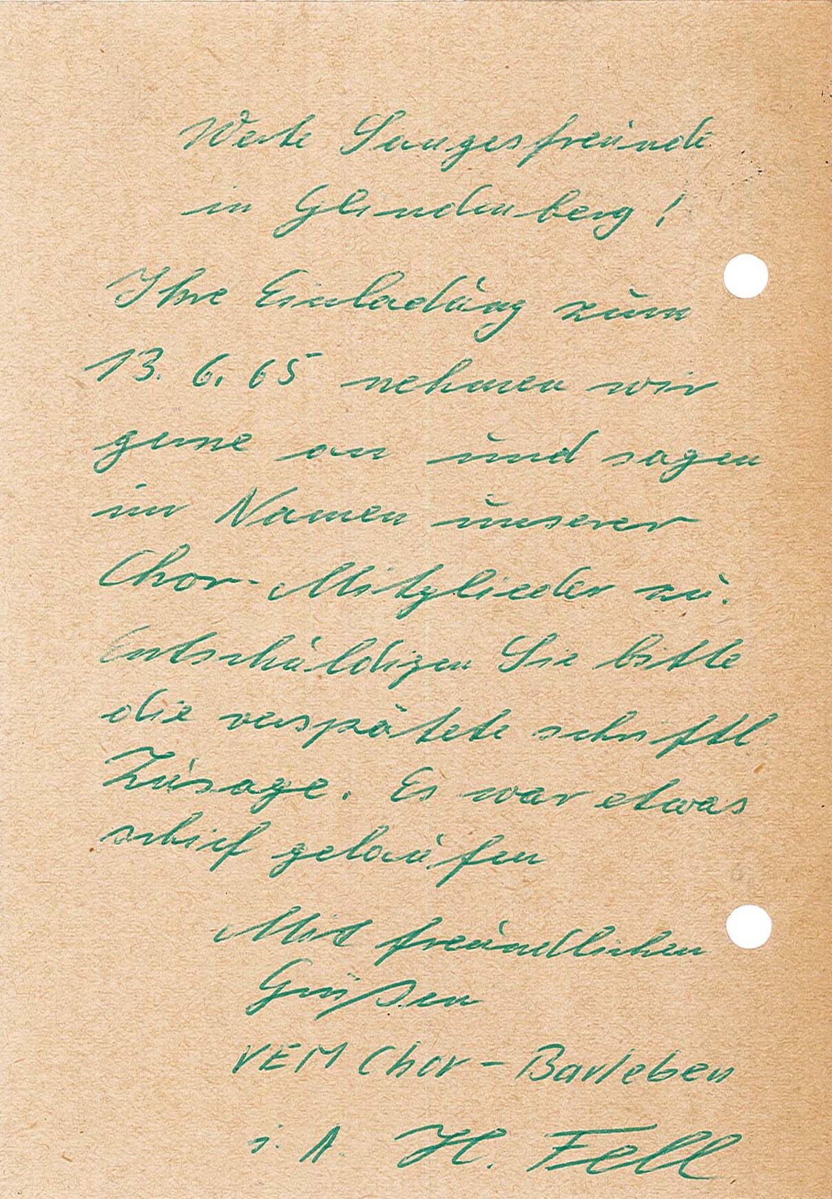 Postkarte an den Männer-Gesang-Verein Glindenberg, 22.04.1965 (Museum Wolmirstedt RR-F)