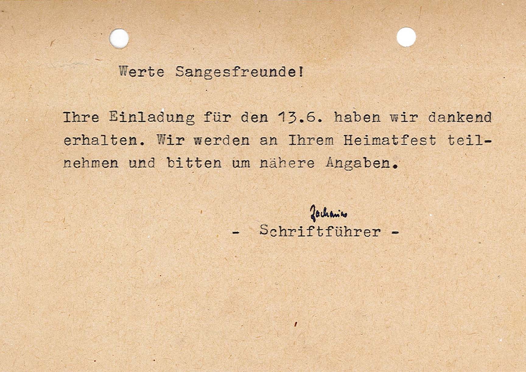 Postkarte an den Männer-Gesang-Verein Glindenberg, 05.04.1965 (Museum Wolmirstedt RR-F)