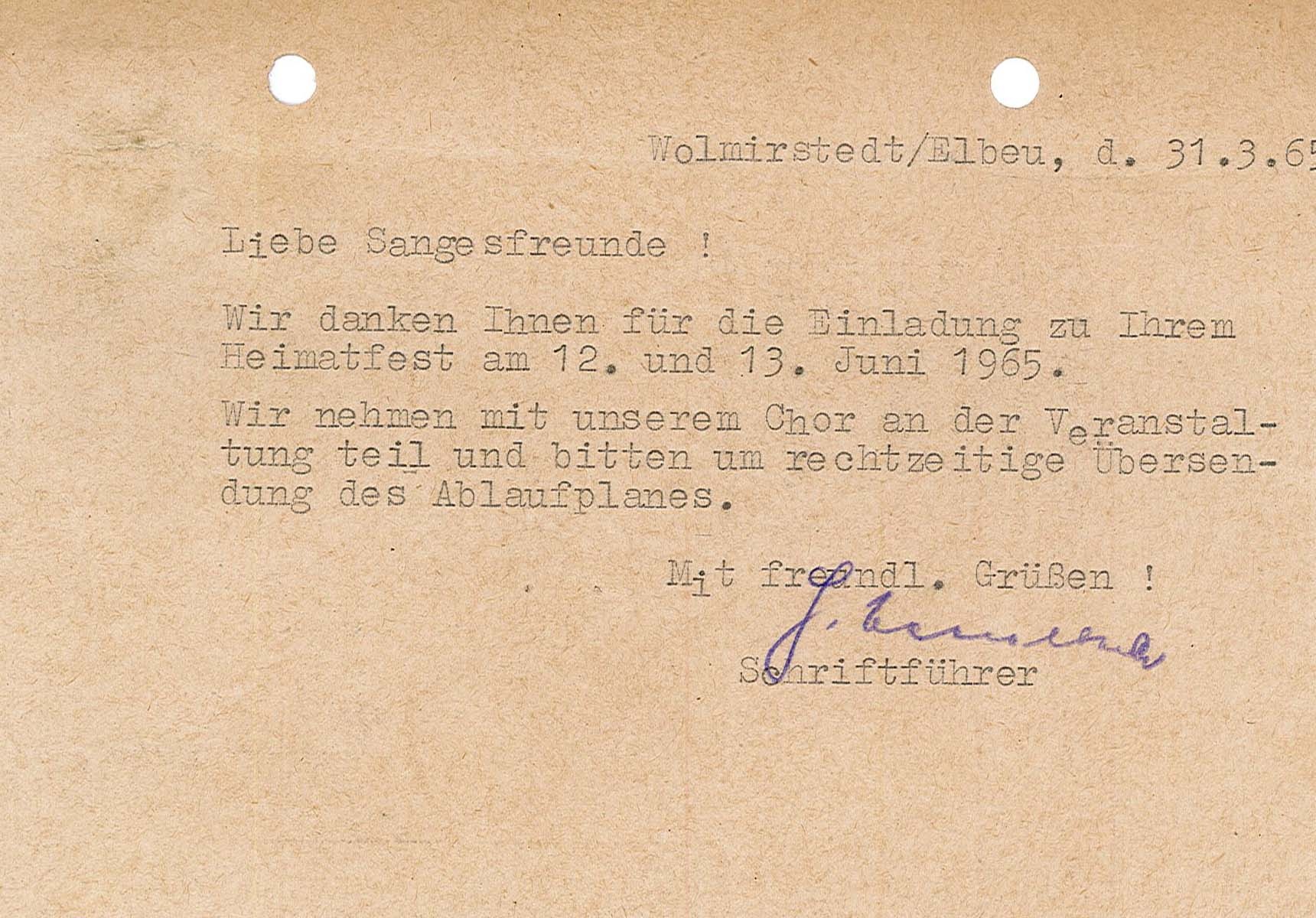 Postkarte an den Männer-Gesang-Verein Glindenberg, 31.03.1965 (Museum Wolmirstedt RR-F)