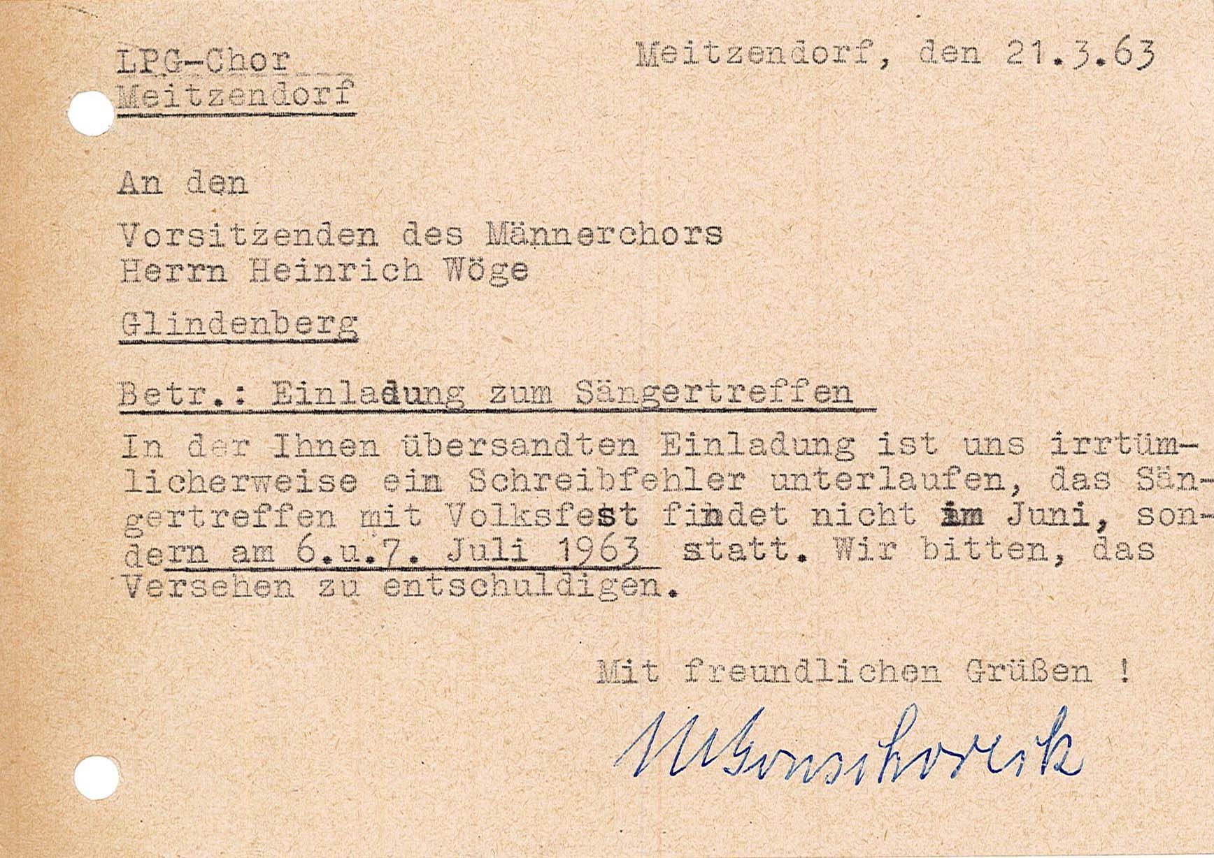 Postkarte an den Männer-Gesang-Verein Glindenberg, 21.03.1963 (Museum Wolmirstedt RR-F)