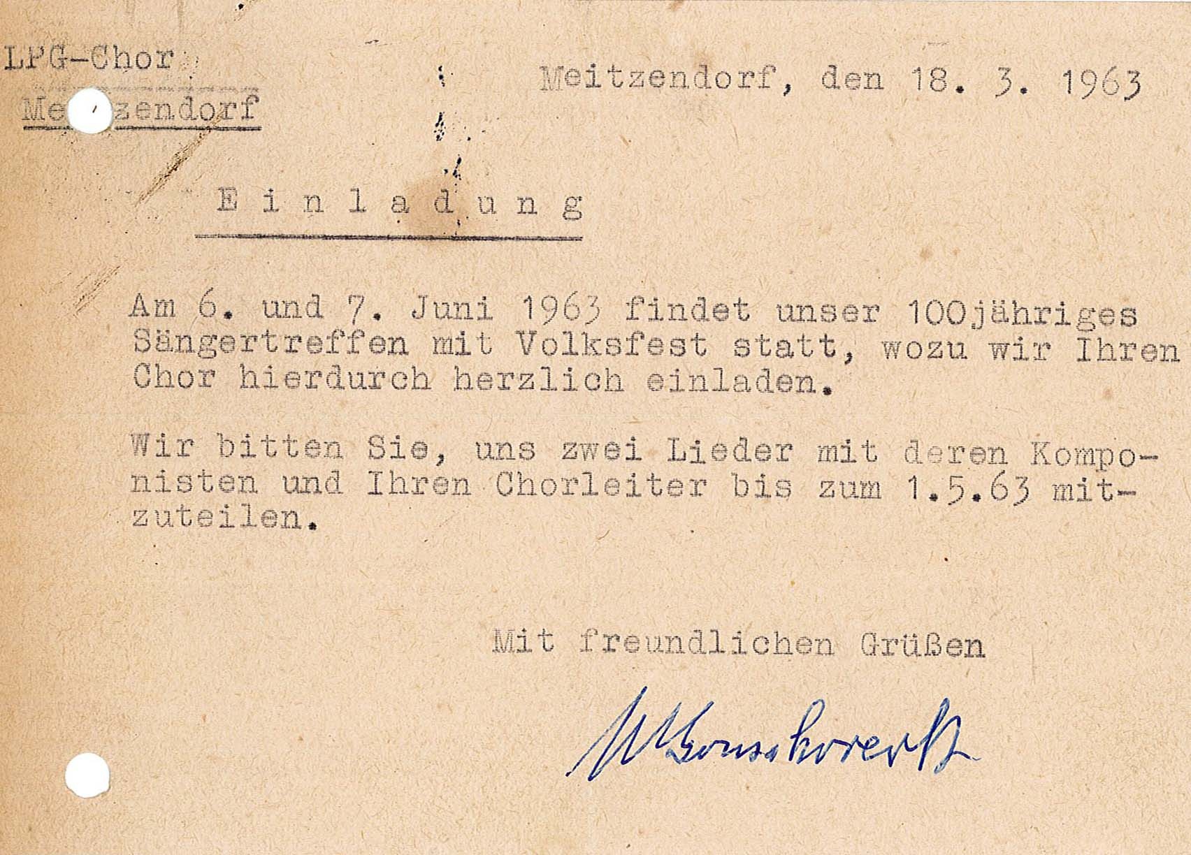Postkarte an den Männer-Gesang-Verein Glindenberg, 18.03.1963 (Museum Wolmirstedt RR-F)