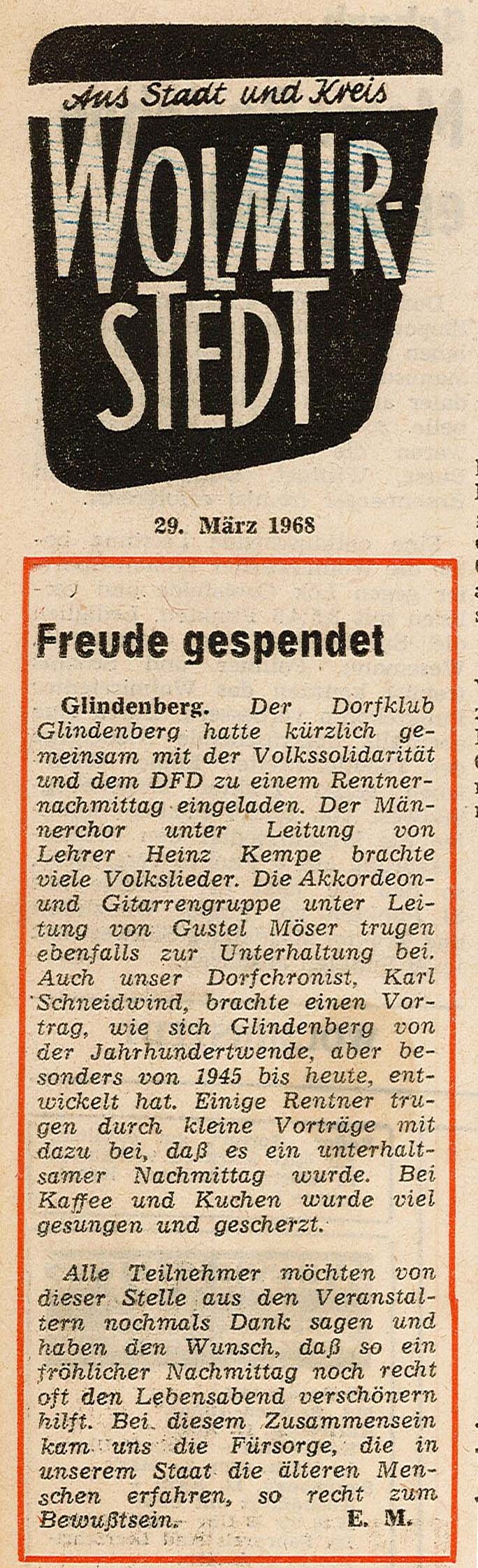 Zeitungsartikel "Freude gespendet", 29.03.1968 (Museum Wolmirstedt RR-F)