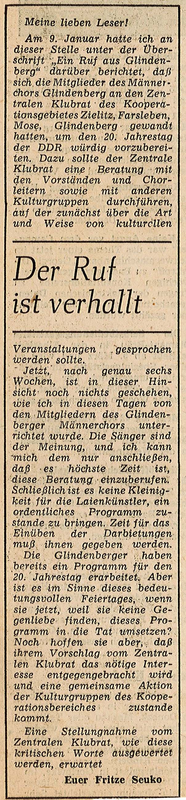 Zeitungsartikel " Der Ruf verhallt", 26.02.1969 (Museum Wolmirstedt RR-F)